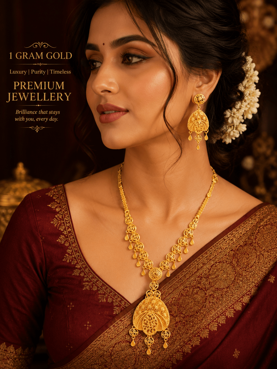 1 Gram Gold Filigree Pendant Necklace Set with Earrings for Women - Madhushrea collection
