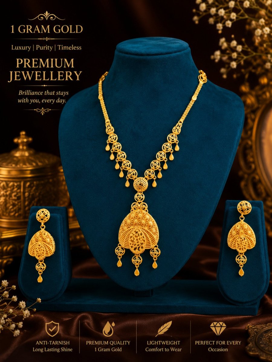 1 Gram Gold Filigree Pendant Necklace Set with Earrings for Women