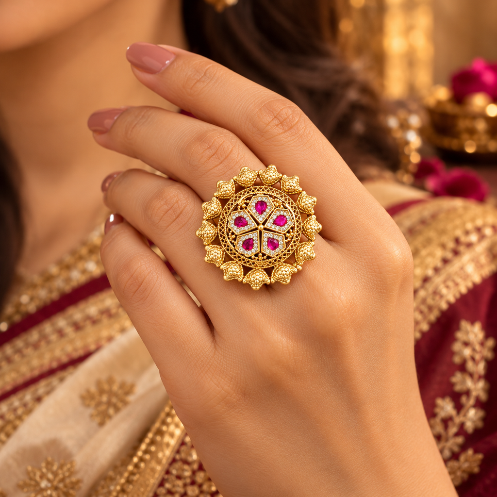 Rajwada antique gold floral adjustable statement ring worn on hand
