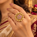 Rajwada antique gold floral adjustable statement ring worn on hand