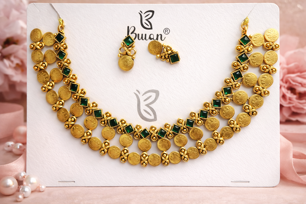 Vintage Coin & Green Stone Necklace Set