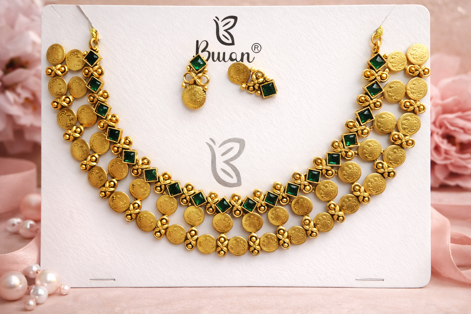 Vintage Coin & Green Stone Necklace Set