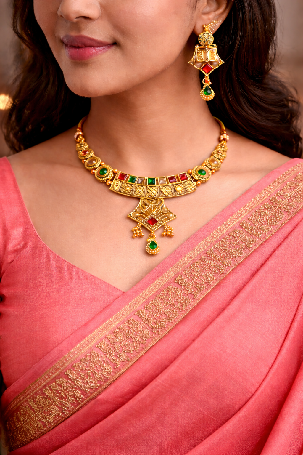 Traditional Temple Gold Plated Necklace Set with Earrings | Kundan & Green Stone Bridal Jewellery Set for Women