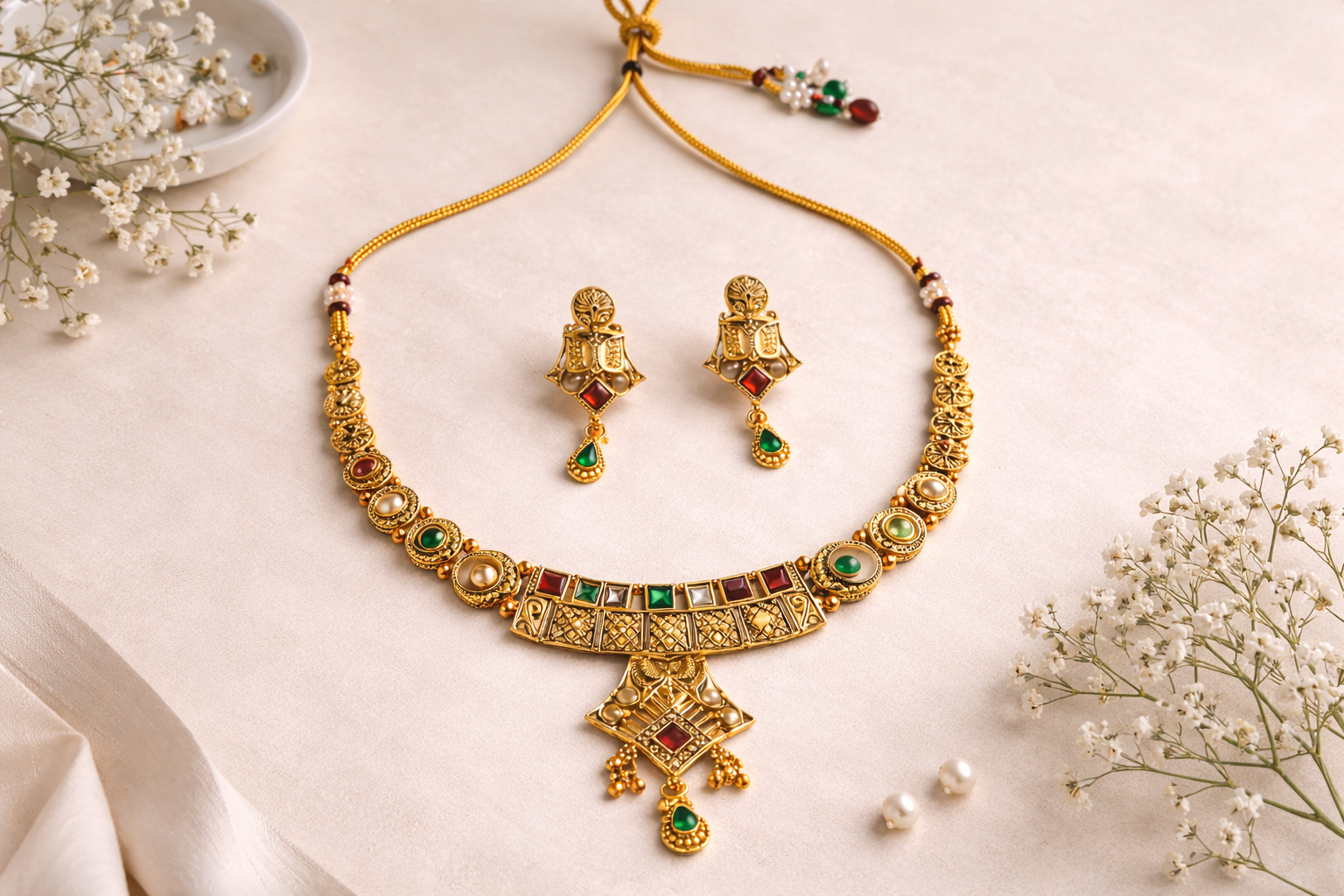 Traditional Temple Gold Plated Necklace Set with Earrings | Kundan & Green Stone Bridal Jewellery Set for Women