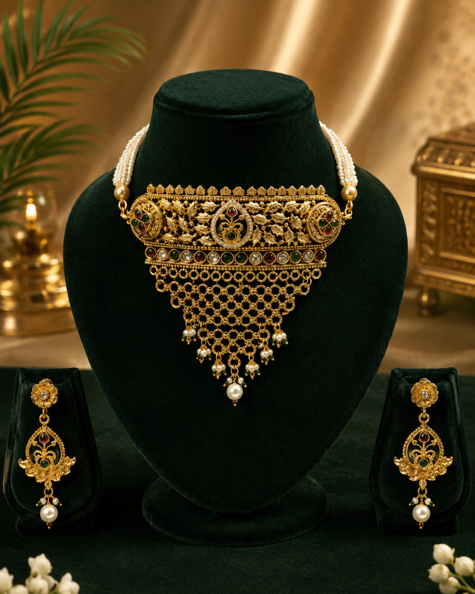 Antique Floral Temple Gold Plated Designer Choker Set for Women - Madhushrea collection