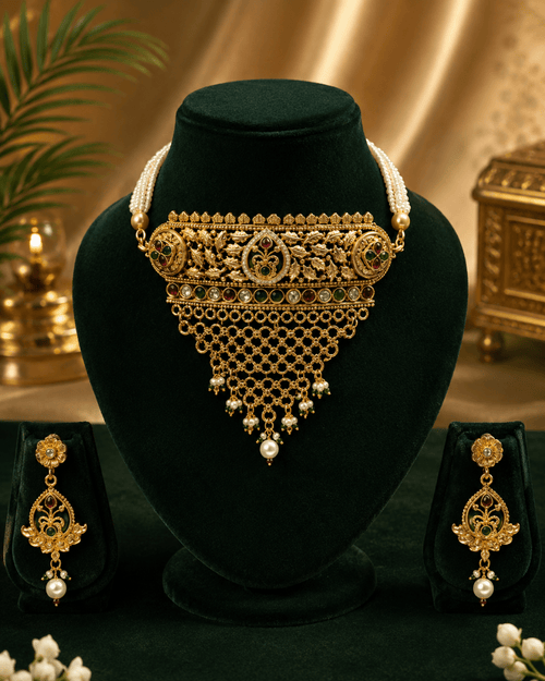 Antique Floral Temple Gold Plated Designer Choker Set for Women - Madhushrea collection