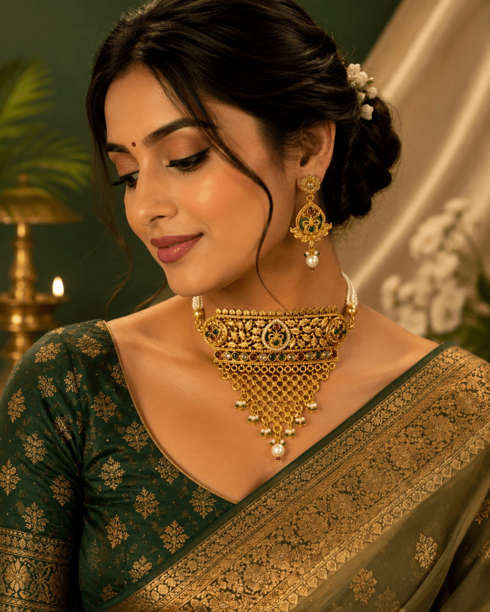 Antique Floral Temple Gold Plated Designer Choker Set for Women - Madhushrea collection