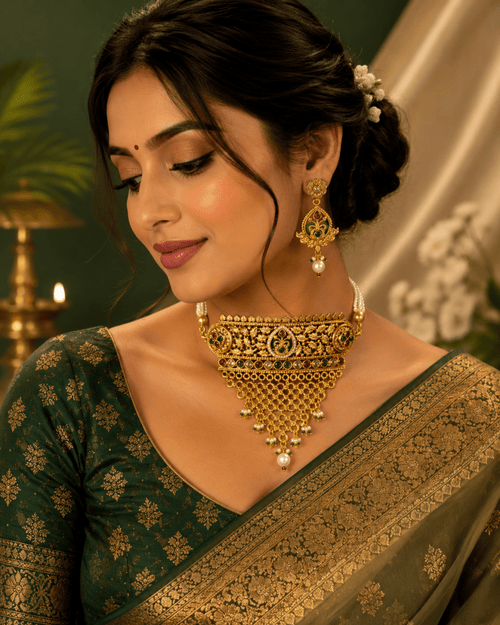 Antique Floral Temple Gold Plated Designer Choker Set for Women - Madhushrea collection