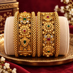 Antique Gold Temple Kada Bangles with red and green stones