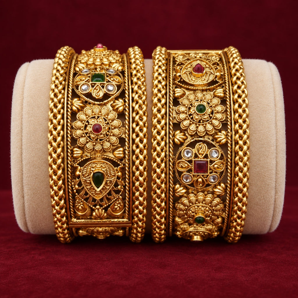 Antique gold broad kada bangles front view