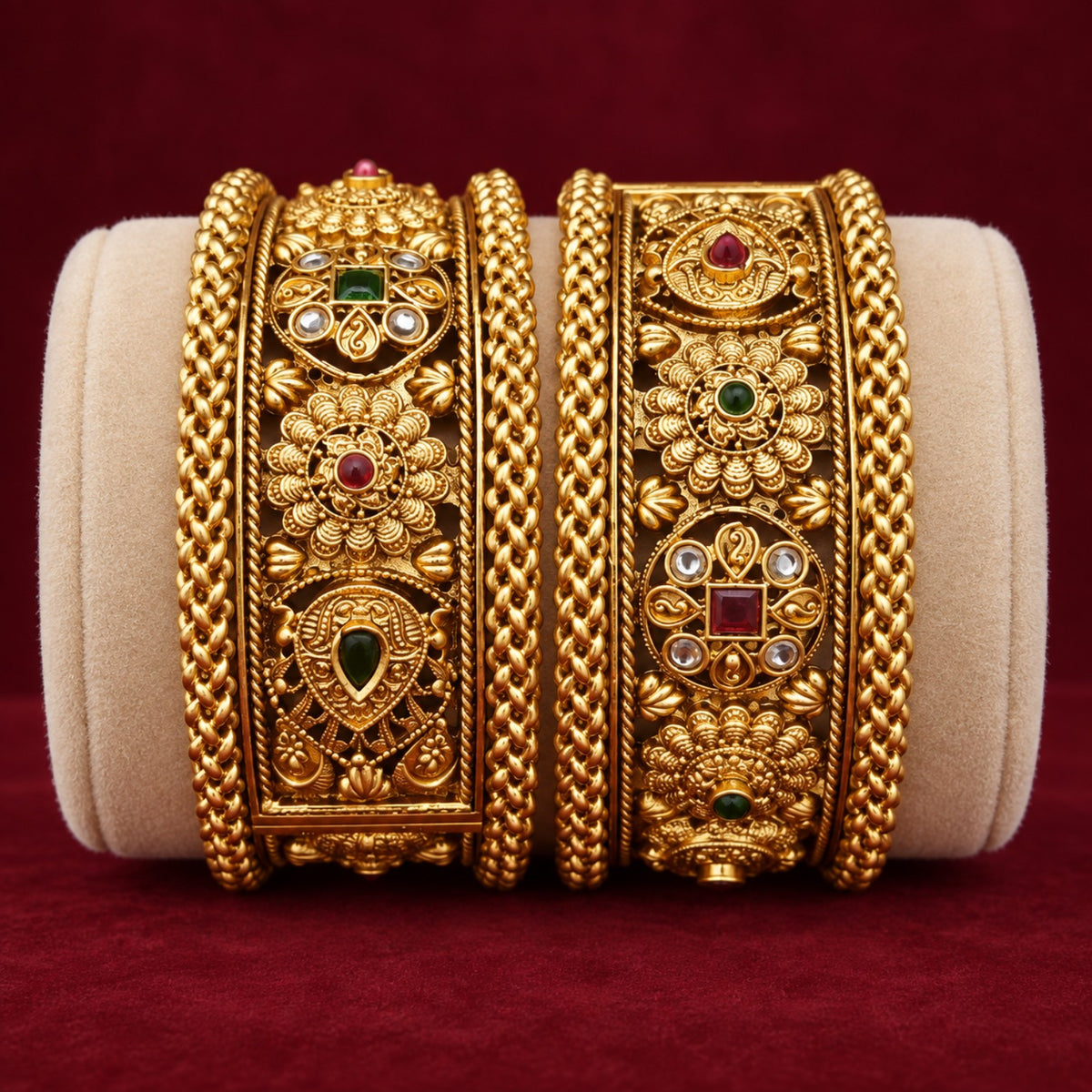 Antique gold broad kada bangles front view