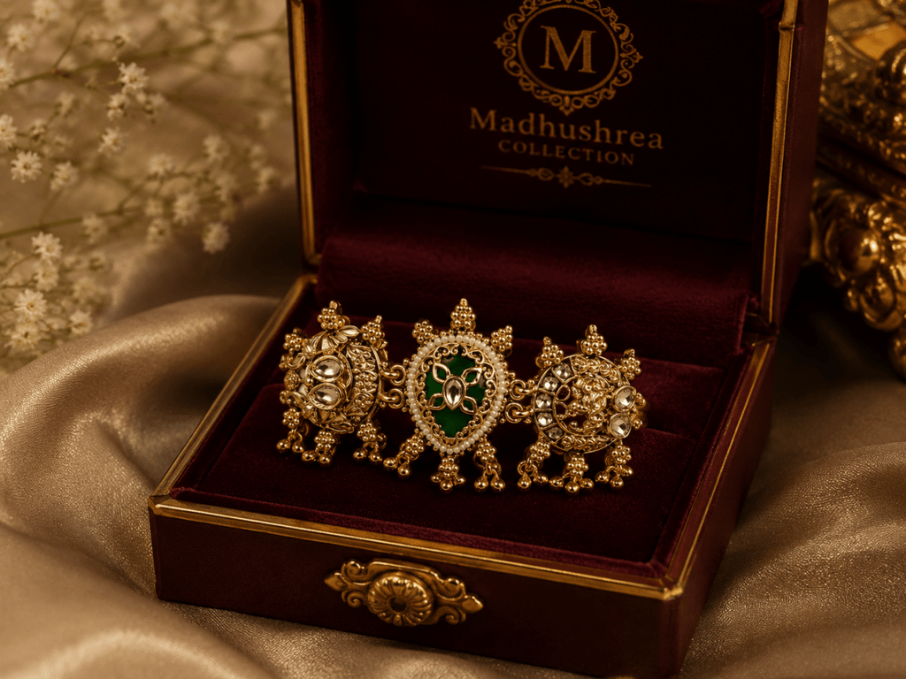 Antique Green Kundan Statement Ring for Women | Adjustable - Madhushrea collection