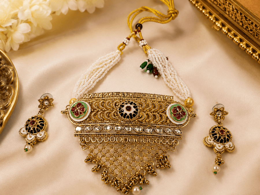 Antique Meenakari Pearl Choker Necklace Set with Earrings for Women