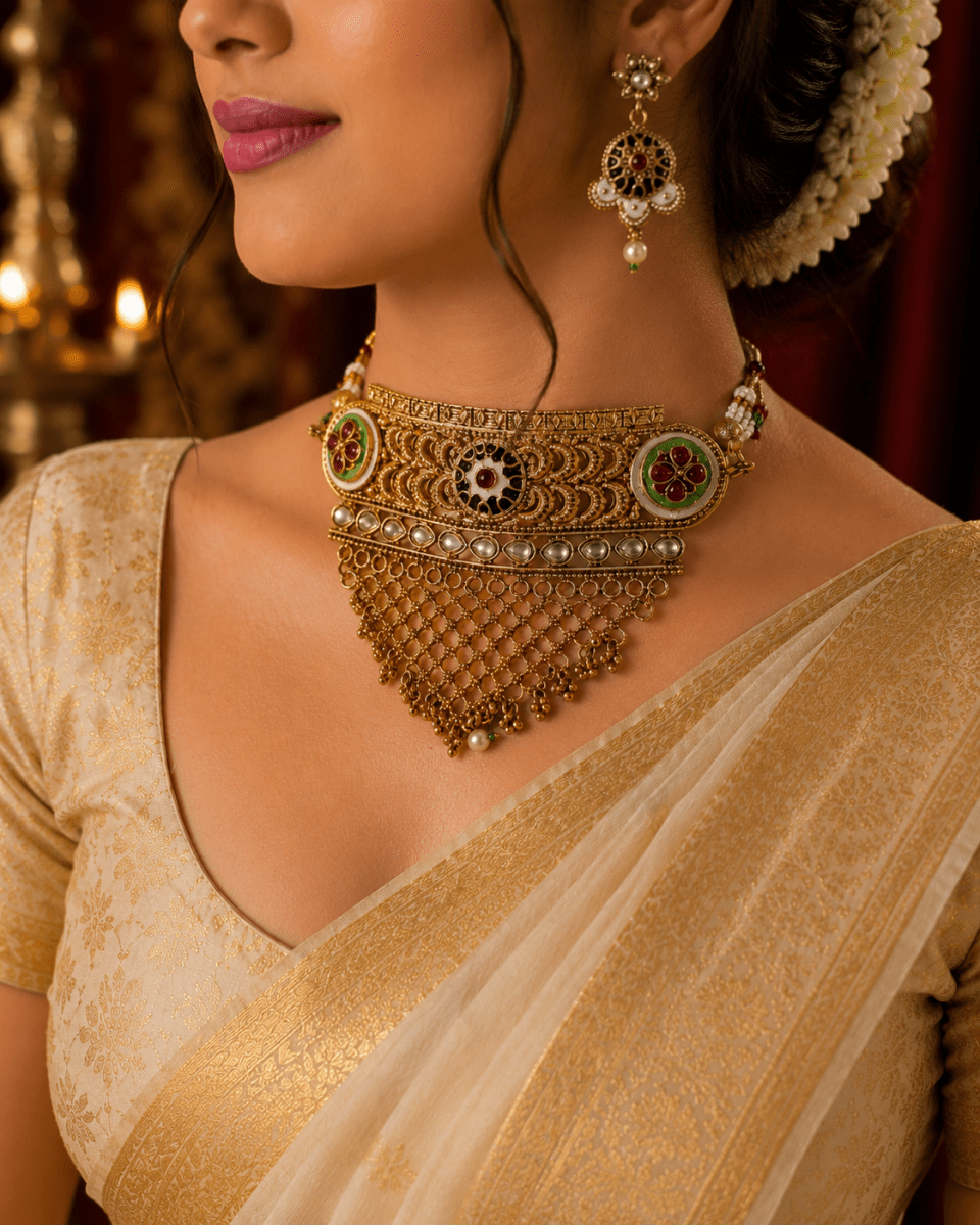 Antique Meenakari Pearl Choker Necklace Set with Earrings for Women - Madhushrea collection