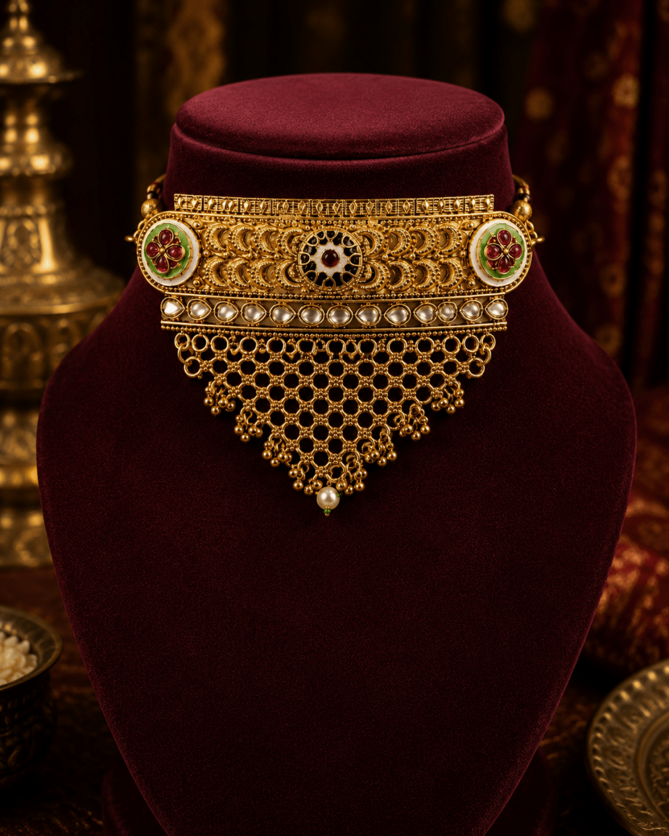 Antique Meenakari Pearl Choker Necklace Set with Earrings for Women - Madhushrea collection