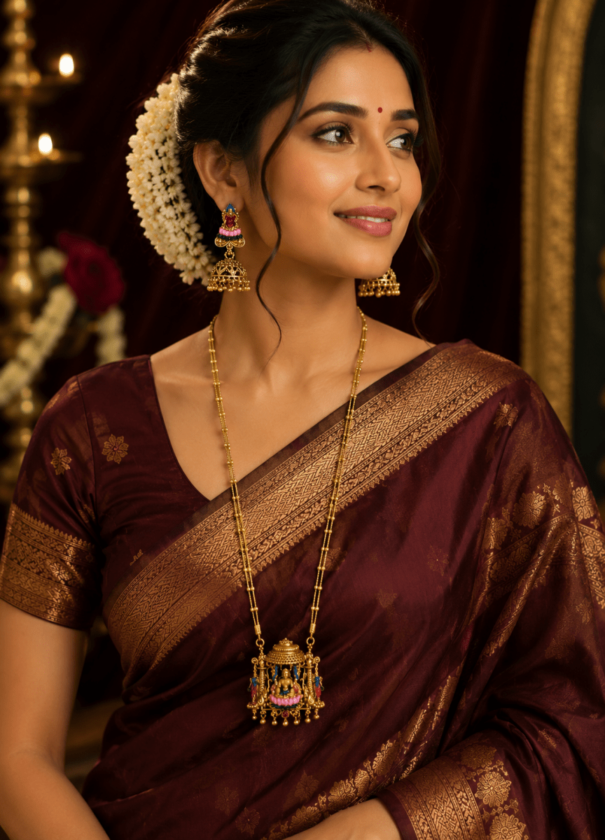 Balaji Temple Long Necklace Set with Traditional Jhumka Earrings - Madhushrea collection