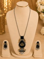 Black Stone Oxidised Silver Long Pendant Necklace Set - Madhushrea collection