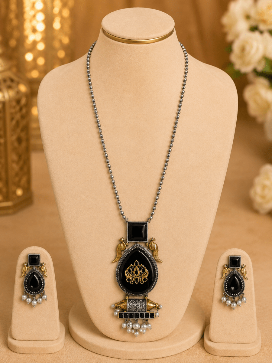 Black Stone Oxidised Silver Long Pendant Necklace Set - Madhushrea collection