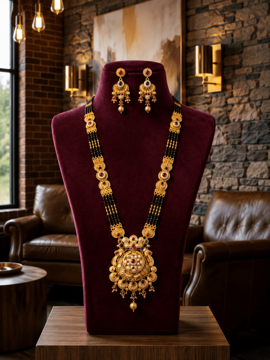 Designer Mangalsutra Set with Earrings | Traditional Gold Plated Black Beads Necklace - Madhushrea collection