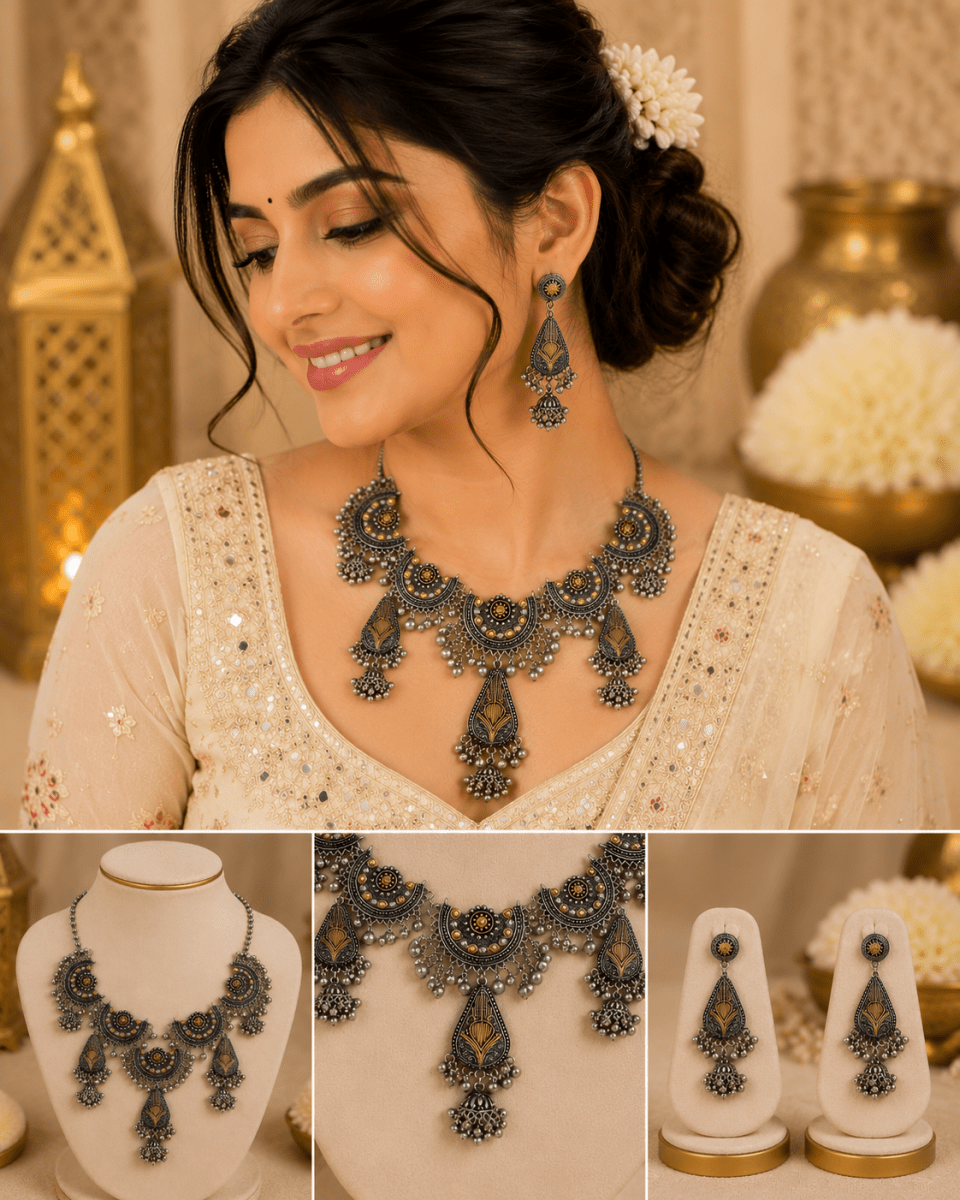 Dual Tone Oxidised Silver Chandbali Necklace Set - Madhushrea collection