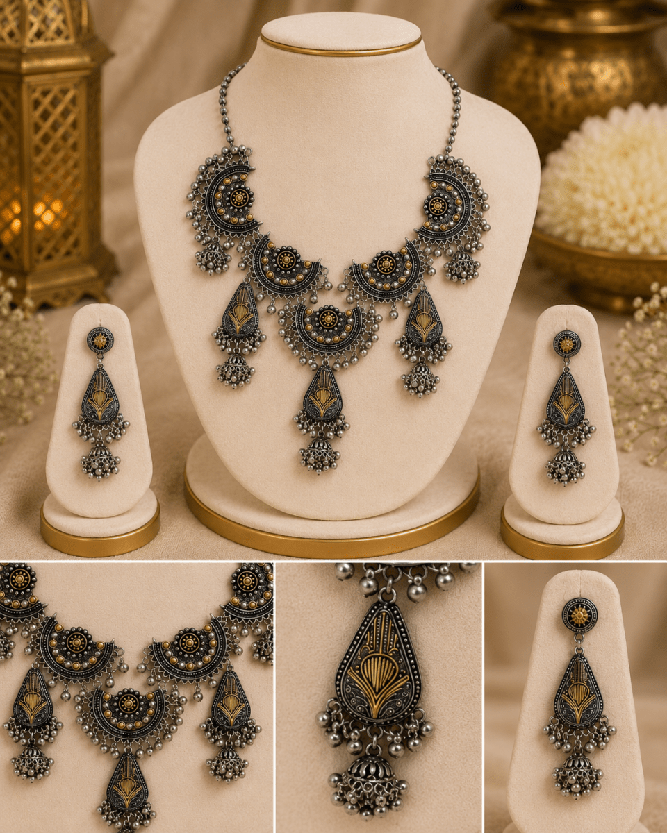 Dual Tone Oxidised Silver Chandbali Necklace Set - Madhushrea collection