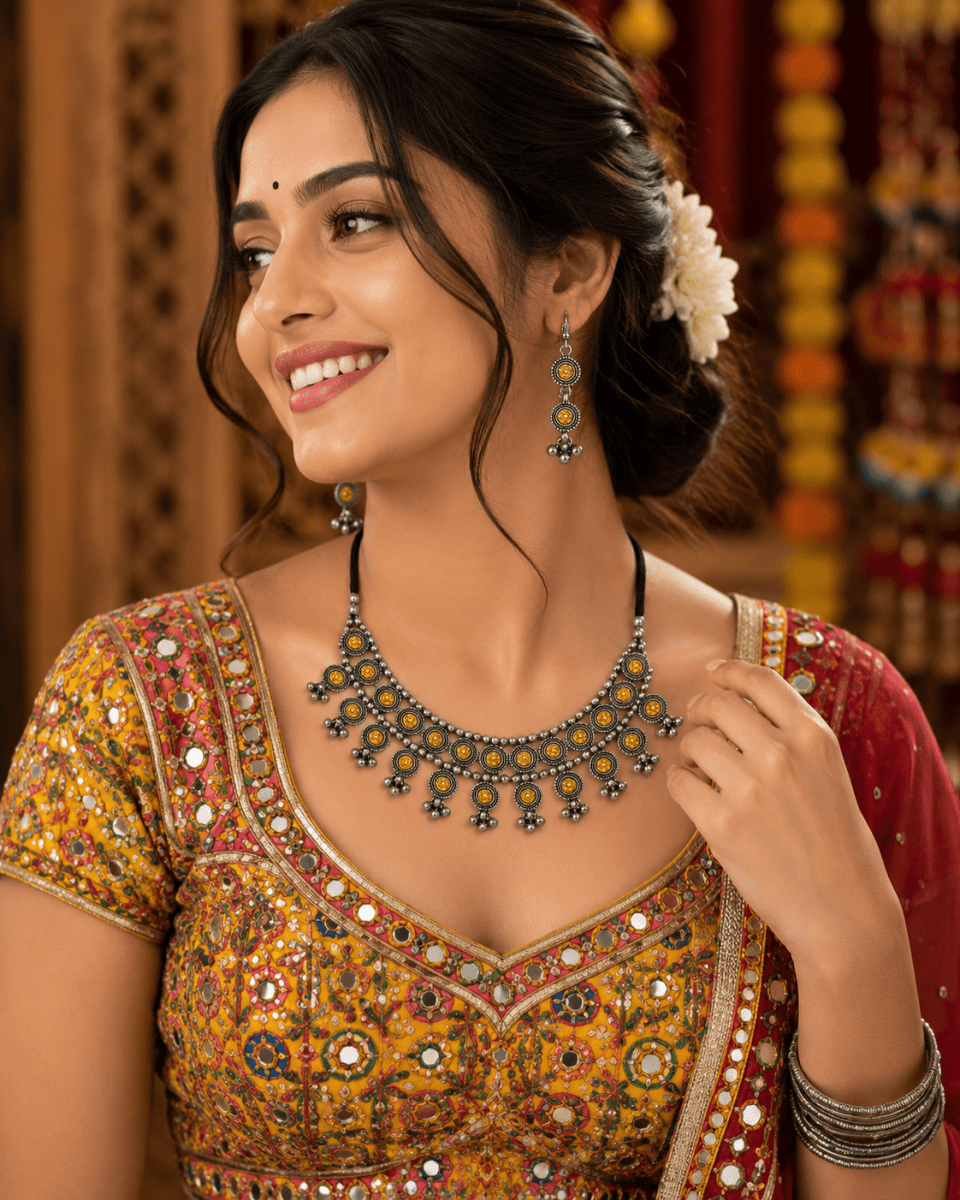 Dual Tone Oxidised Silver Coin Choker Necklace Set - Madhushrea collection