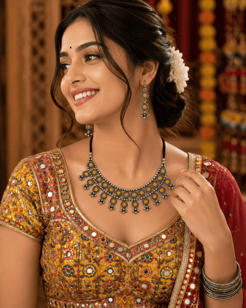 Dual Tone Oxidised Silver Coin Choker Necklace Set - Madhushrea collection