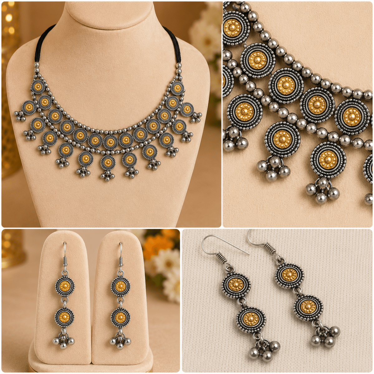 Dual Tone Oxidised Silver Coin Choker Necklace Set - Madhushrea collection
