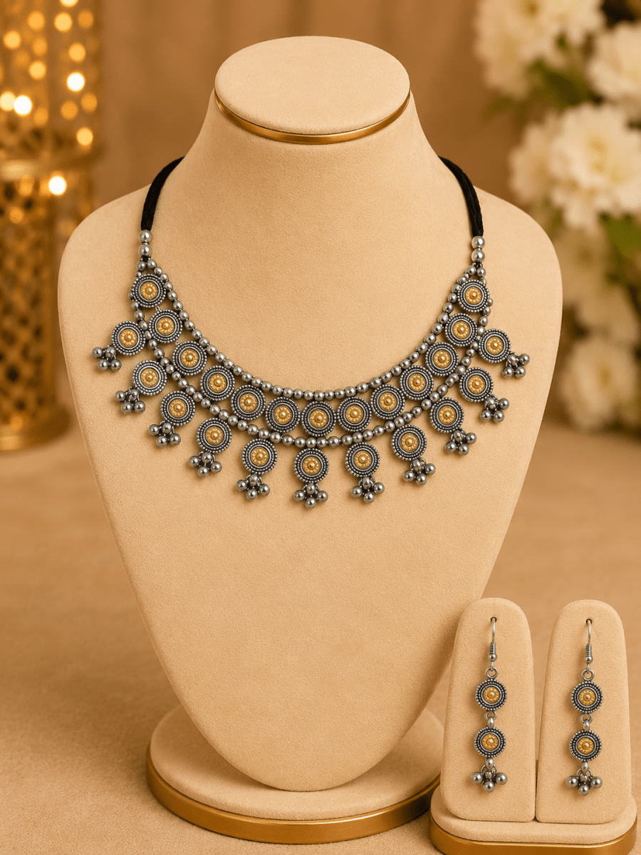 Dual Tone Oxidised Silver Coin Choker Necklace Set - Madhushrea collection