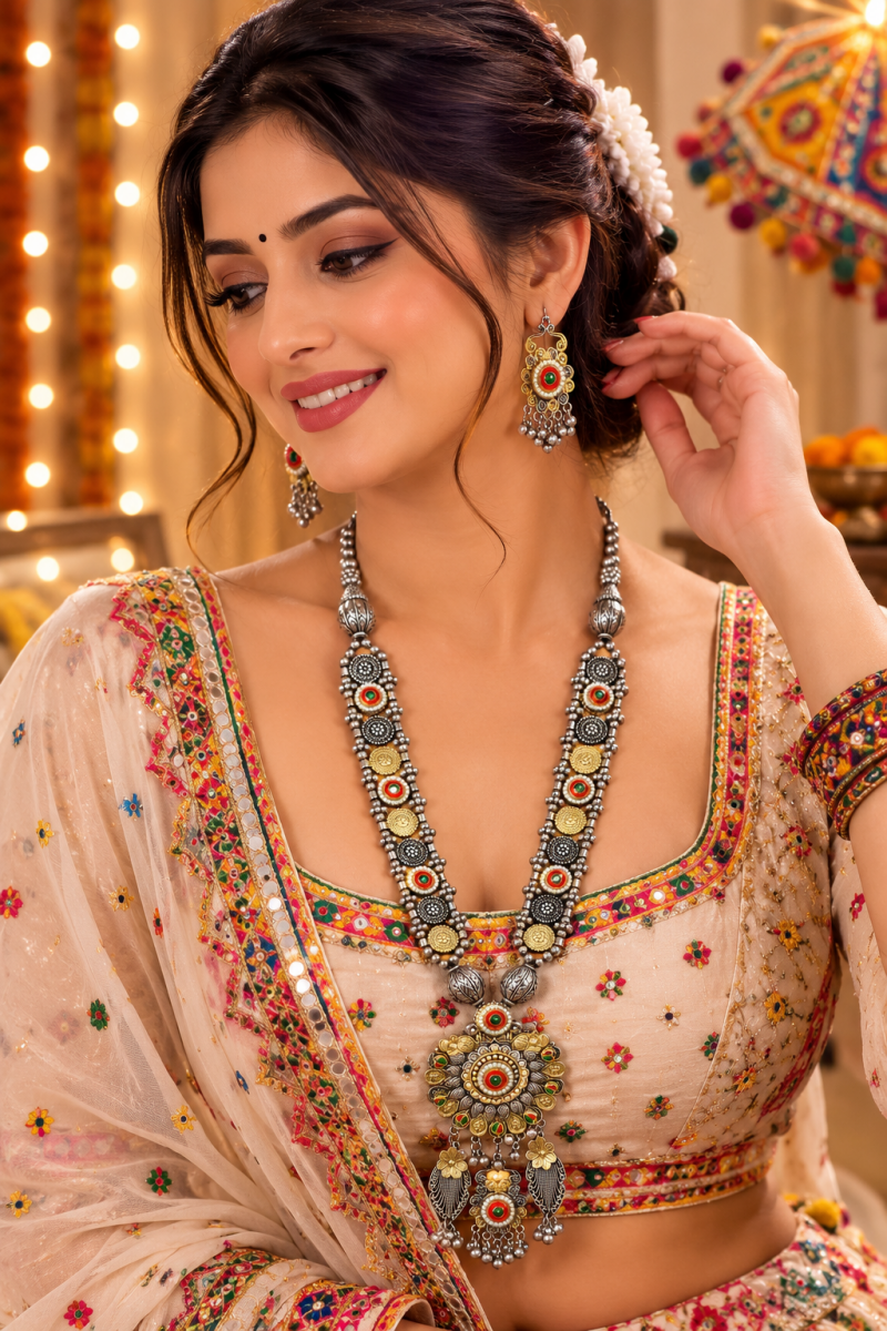 Dual Tone Oxidised Silver Long Rani Haar Necklace Set - Madhushrea collection