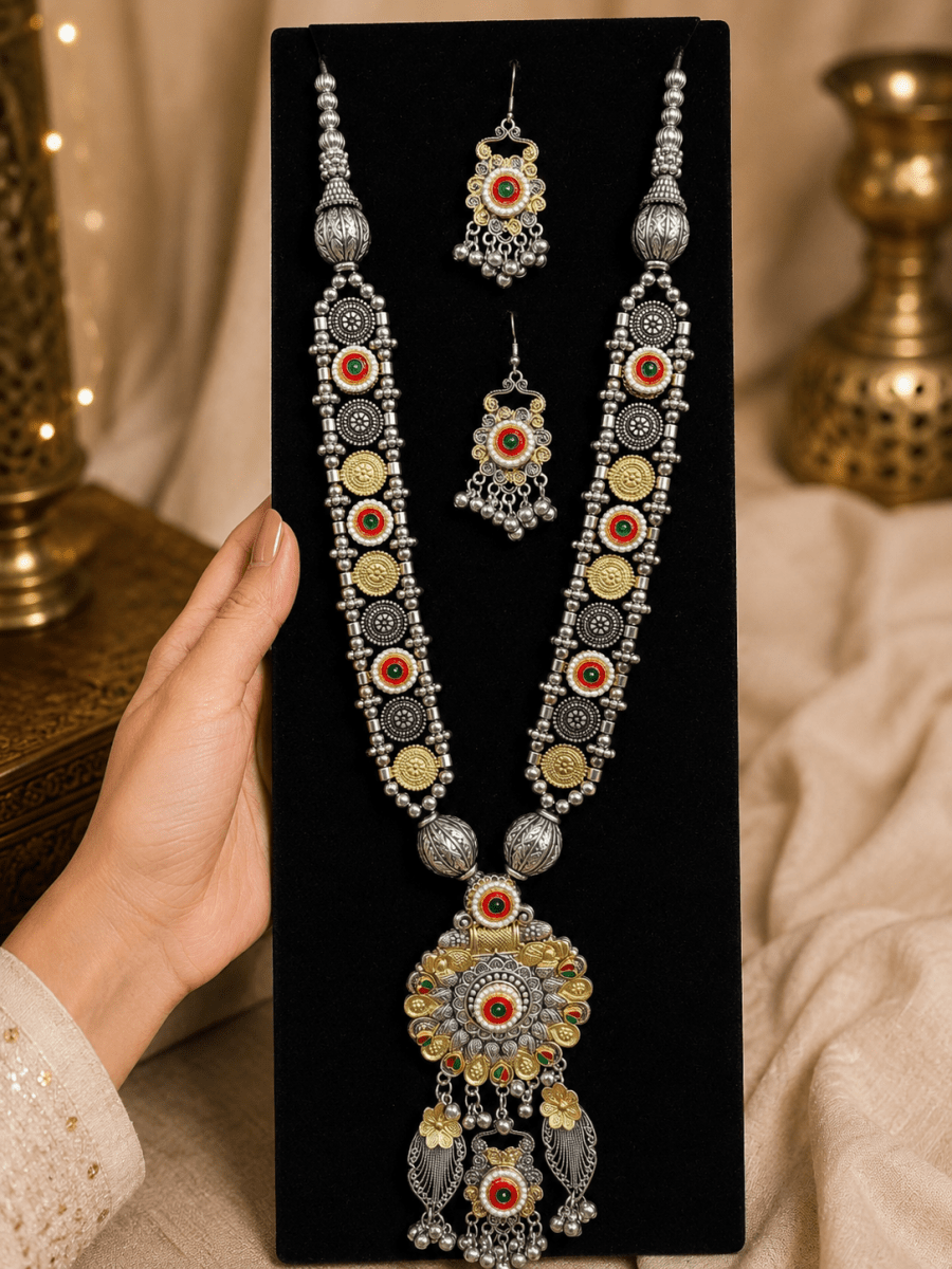Dual Tone Oxidised Silver Long Rani Haar Necklace Set - Madhushrea collection