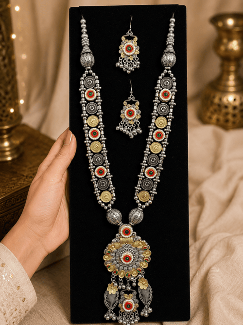 Dual Tone Oxidised Silver Long Rani Haar Necklace Set - Madhushrea collection