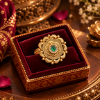 Emerald Mehfil antique gold adjustable statement ring in premium classical jewellery box
