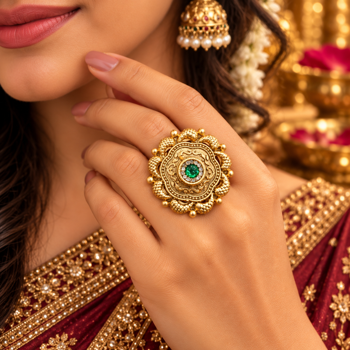 Emerald Mehfil antique gold adjustable statement ring worn on a woman's hand