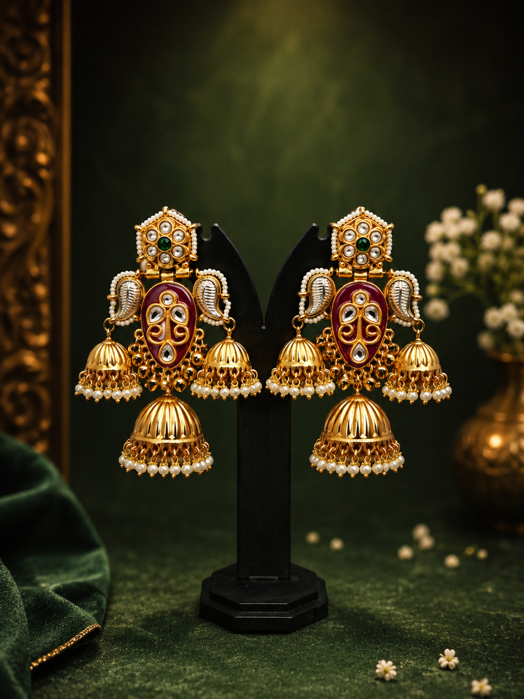 Royal Maroon Kundan Jhumka Earrings for Women | Traditional Gold Plated Pearl Drop Ethnic Jhumki