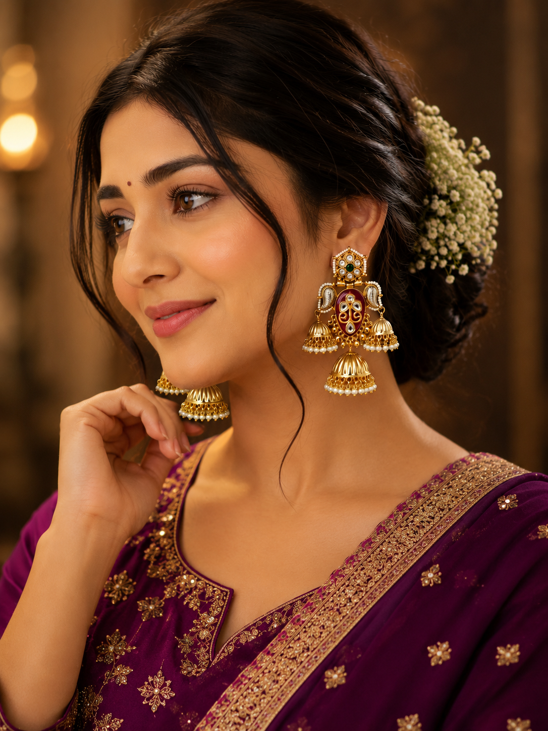 Royal Maroon Kundan Jhumka Earrings for Women | Traditional Gold Plated Pearl Drop Ethnic Jhumki