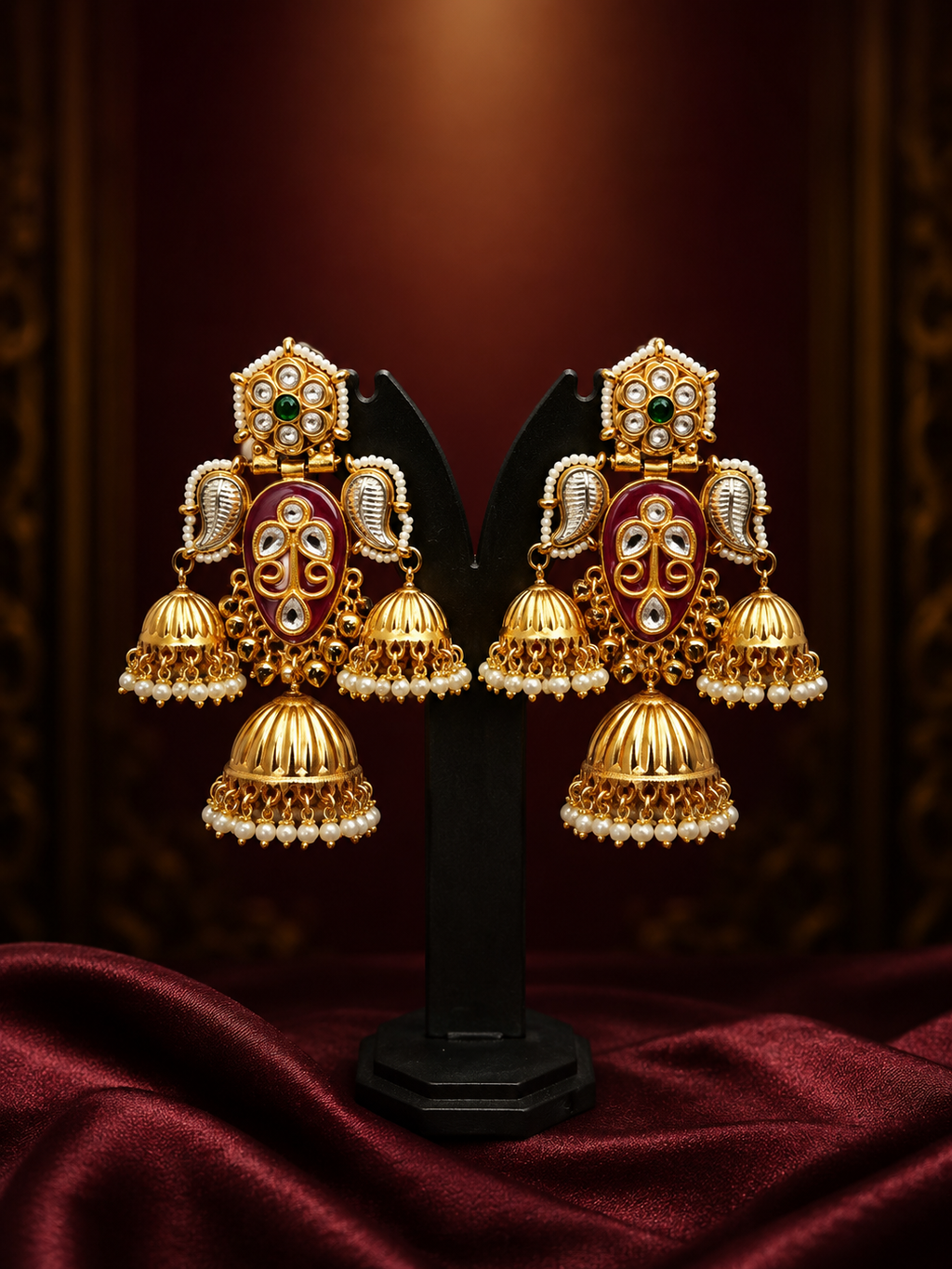 Royal Maroon Kundan Jhumka Earrings for Women | Traditional Gold Plated Pearl Drop Ethnic Jhumki