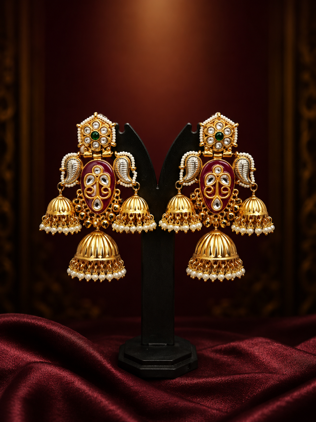 Royal Maroon Kundan Jhumka Earrings for Women | Traditional Gold Plated Pearl Drop Ethnic Jhumki