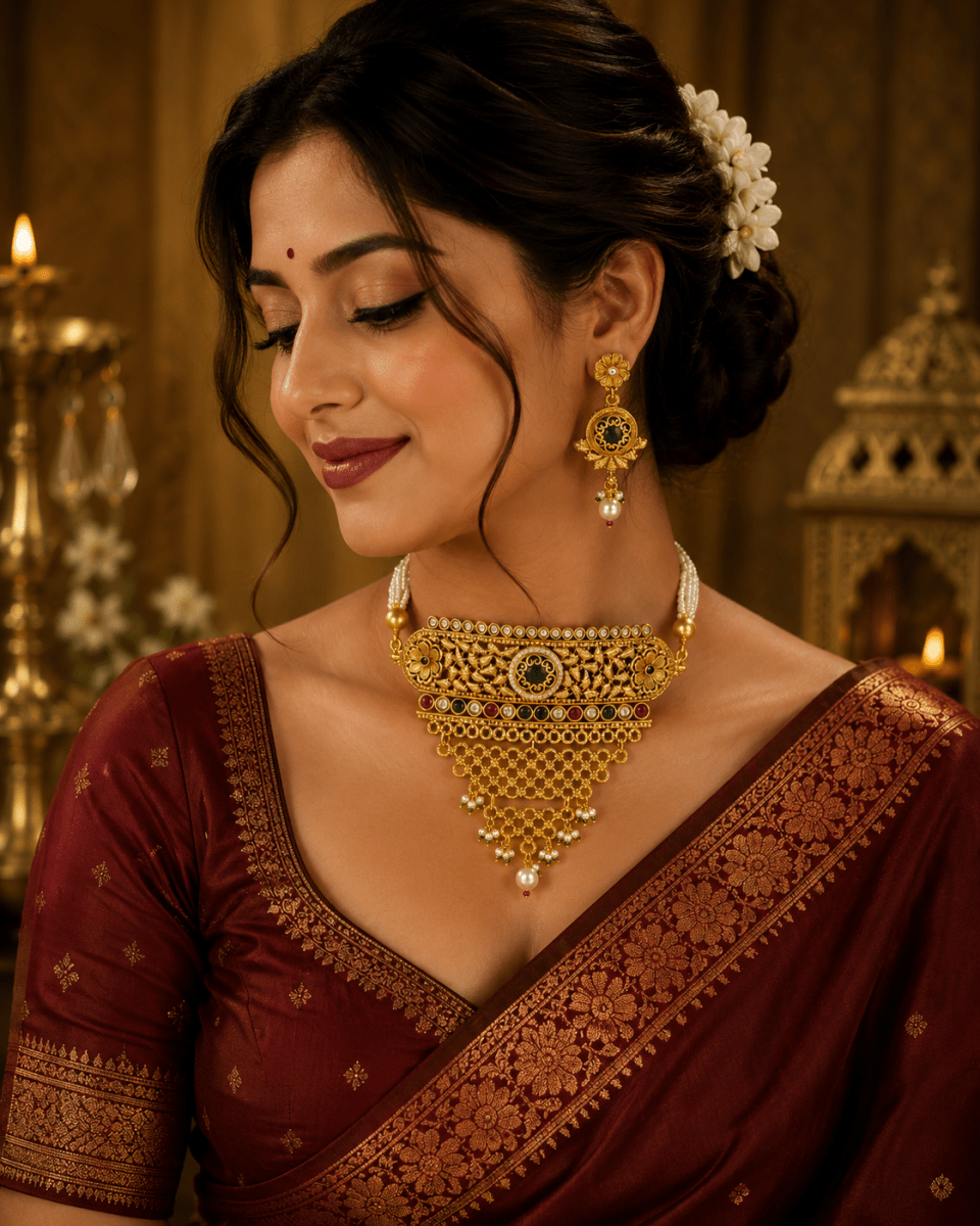 Floral Pearl Royal Gold Plated Traditional Designer Choker Set - Madhushrea collection