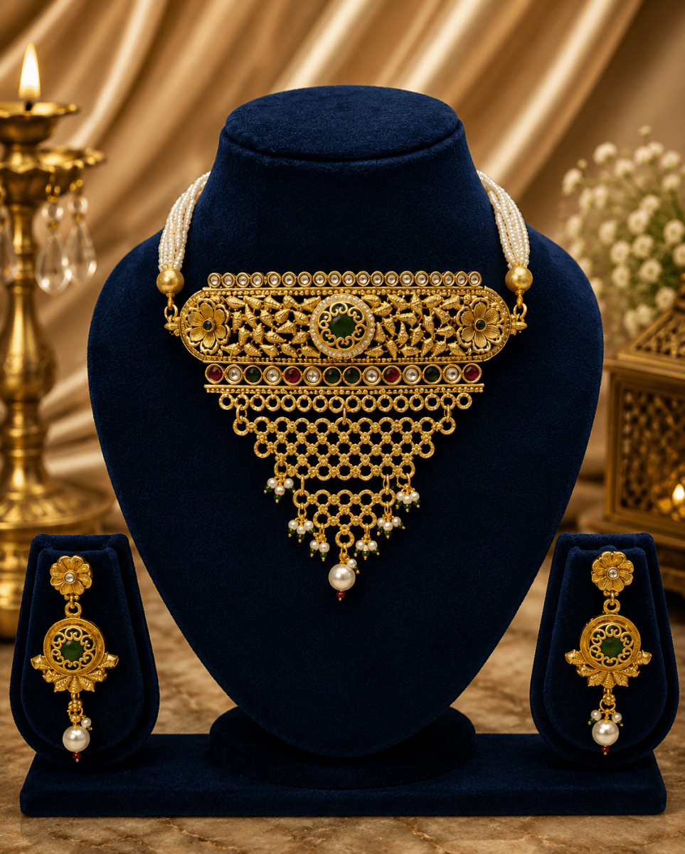 Floral Pearl Royal Gold Plated Traditional Designer Choker Set - Madhushrea collection