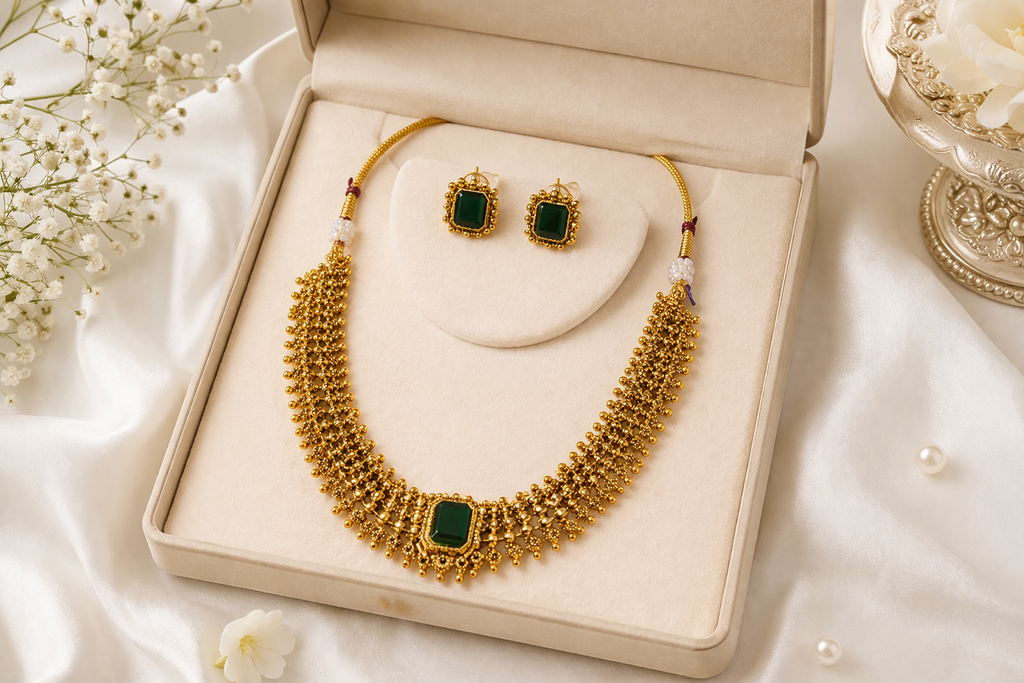 Gold-tone short necklace with green centre stone and matching earrings in an ivory jewellery box