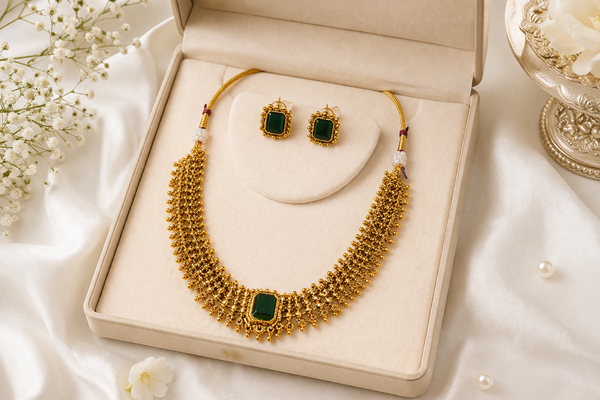 Green Stone Gold-Tone Short Necklace Set with Matching Earrings