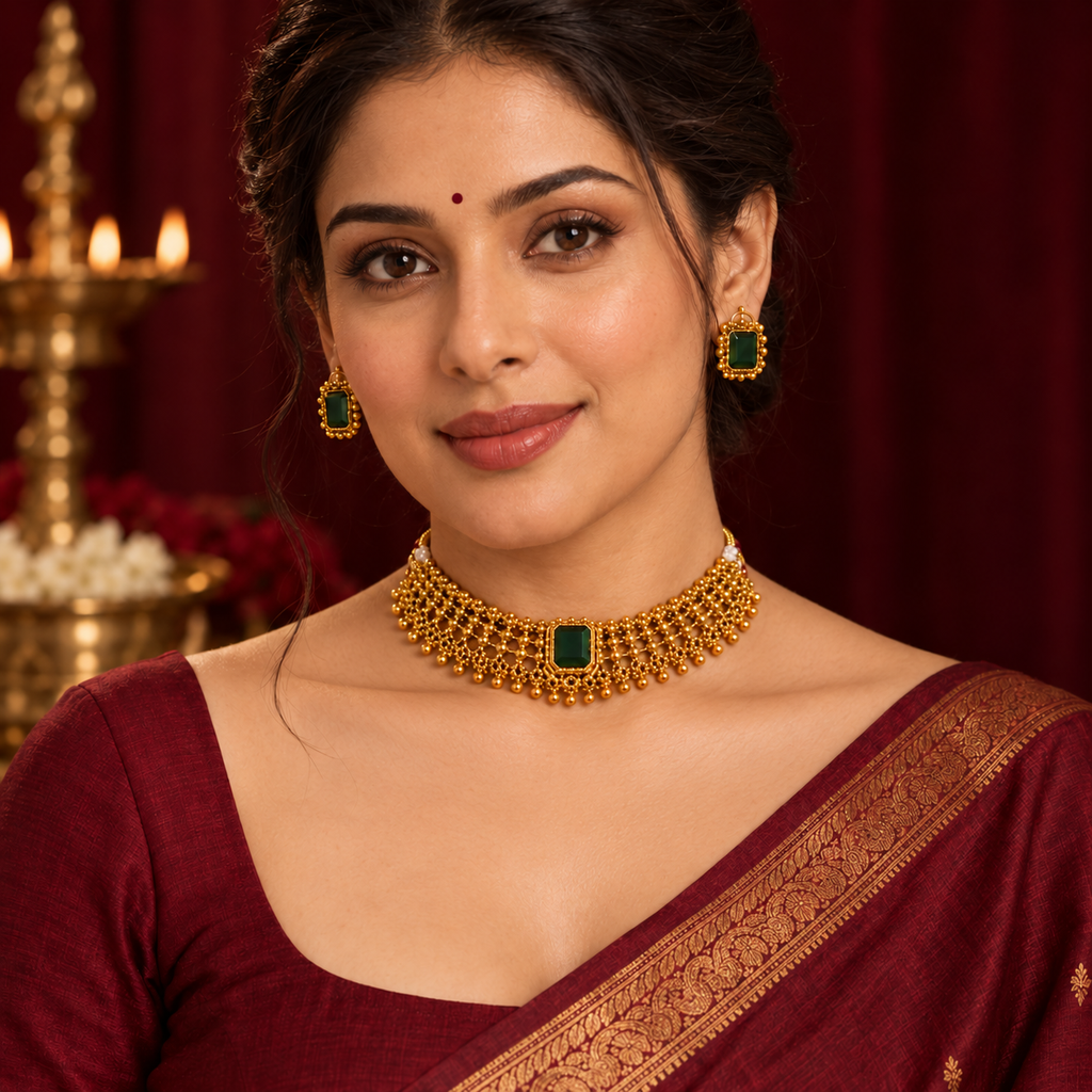 Model wearing a close-fitting green stone gold-tone short necklace and matching earrings with a maroon saree