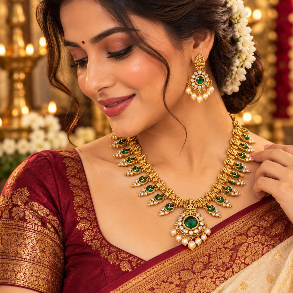 Model wearing an antique gold temple necklace with green stones and pearl drop earrings