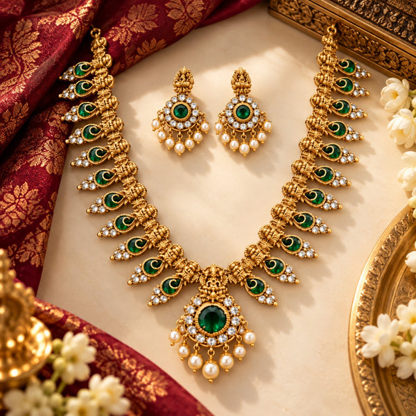 Emerald Green Pearl Drop Long Necklace Set with Matching Earrings