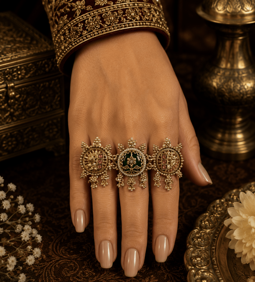 Heritage Floral Antique Statement Ring for Women | Adjustable - Madhushrea collection