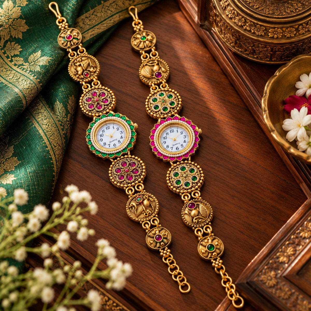 Mayur Heritage Antique Gold Watch - Emerald Green and Ruby Pink variants