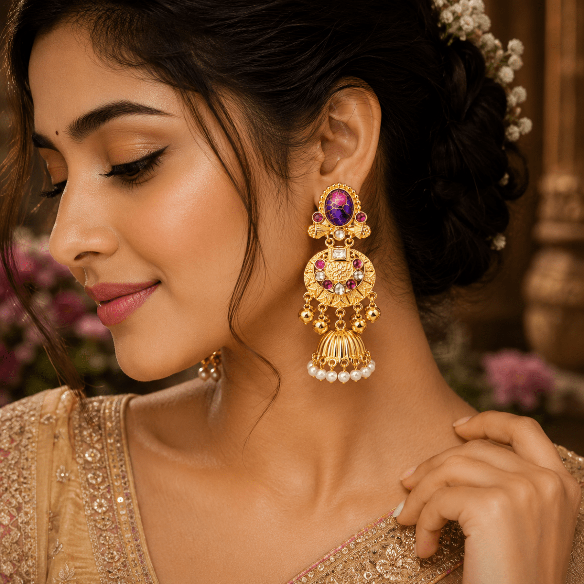 Kashmiri Purple Stone Gold Plated Jhumka Earrings for Women - Madhushrea collection