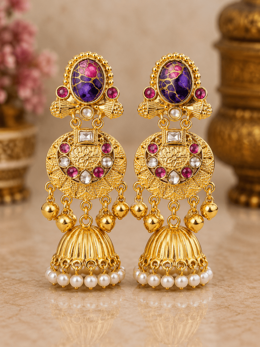 Kashmiri Purple Stone Gold Plated Jhumka Earrings for Women - Madhushrea collection