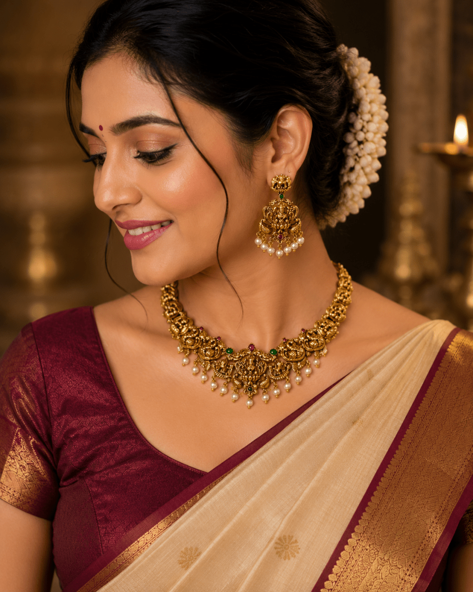 Lakshmi Peacock Temple Necklace Set with Pearl Earrings for Women - Madhushrea collection
